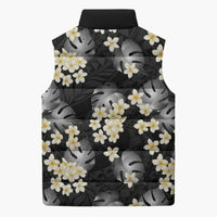 Black Tropical Hawaii Sleeveless Puffer Jacket Seamless Monstera Plumeria Hawaiian Pattern - Polynesian Pride