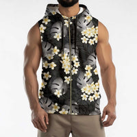 Black Tropical Hawaii Sleeveless Zip Hoodie Seamless Monstera Plumeria Hawaiian Pattern LT14 - Polynesian Pride