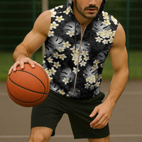 Black Tropical Hawaii Sleeveless Zip Hoodie Seamless Monstera Plumeria Hawaiian Pattern - Polynesian Pride