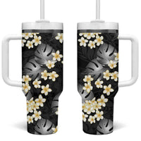 Black Tropical Hawaii Tumbler With Handle Seamless Monstera Plumeria Hawaiian Pattern - Polynesian Pride