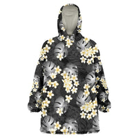 Black Tropical Hawaii Wearable Blanket Hoodie Seamless Monstera Plumeria Hawaiian Pattern LT14 One Size Black - Polynesian Pride