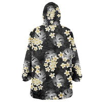 Black Tropical Hawaii Wearable Blanket Hoodie Seamless Monstera Plumeria Hawaiian Pattern LT14 - Polynesian Pride