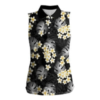 Black Tropical Hawaii Women Sleeveless Polo Shirt Seamless Monstera Plumeria Hawaiian Pattern LT14 Female Black - Polynesian Pride