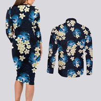 Blue Tropical Hawaii Couples Matching Long Sleeve Bodycon Dress and Long Sleeve Button Shirt Seamless Monstera Plumeria Hawaiian Pattern - Polynesian Pride
