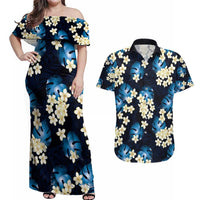 Blue Tropical Hawaii Couples Matching Off Shoulder Maxi Dress and Hawaiian Shirt Seamless Monstera Plumeria Hawaiian Pattern - Polynesian Pride