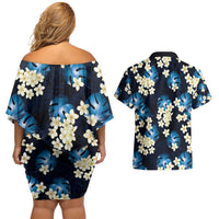 Blue Tropical Hawaii Couples Matching Off Shoulder Short Dress and Hawaiian Shirt Seamless Monstera Plumeria Hawaiian Pattern - Polynesian Pride