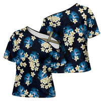 Blue Tropical Hawaii Cross Shoulder Shirt Seamless Monstera Plumeria Hawaiian Pattern LT14 - Polynesian Pride