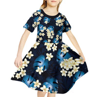 Blue Tropical Hawaii Kid Short Sleeve Dress Seamless Monstera Plumeria Hawaiian Pattern - Polynesian Pride
