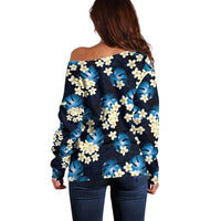 Blue Tropical Hawaii Off Shoulder Sweater Seamless Monstera Plumeria Hawaiian Pattern - Polynesian Pride