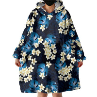 Blue Tropical Hawaii Wearable Blanket Hoodie Seamless Monstera Plumeria Hawaiian Pattern LT14 - Polynesian Pride