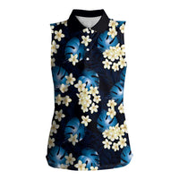 Blue Tropical Hawaii Women Sleeveless Polo Shirt Seamless Monstera Plumeria Hawaiian Pattern LT14 Female Blue - Polynesian Pride