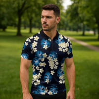 Blue Tropical Hawaii Zipper Polo Shirt Seamless Monstera Plumeria Hawaiian Pattern LT14 - Polynesian Pride