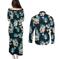 Dark Cyan Tropical Hawaii Couples Matching Puletasi and Long Sleeve Button Shirt Seamless Monstera Plumeria Hawaiian Pattern LT14 - Polynesian Pride