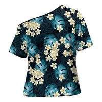 Dark Cyan Tropical Hawaii Cross Shoulder Shirt Seamless Monstera Plumeria Hawaiian Pattern LT14 - Polynesian Pride