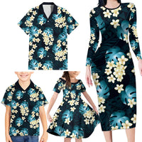 Dark Cyan Tropical Hawaii Family Matching Long Sleeve Bodycon Dress and Hawaiian Shirt Seamless Monstera Plumeria Hawaiian Pattern - Polynesian Pride