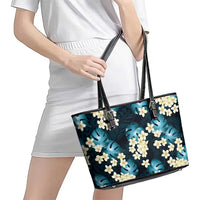 Dark Cyan Tropical Hawaii Leather Tote Bag Seamless Monstera Plumeria Hawaiian Pattern - Polynesian Pride