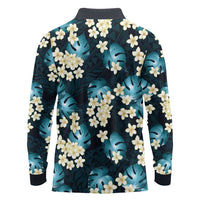 Dark Cyan Tropical Hawaii Long Sleeve Polo Shirt Seamless Monstera Plumeria Hawaiian Pattern LT14 - Polynesian Pride