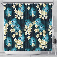 Dark Cyan Tropical Hawaii Shower Curtain Seamless Monstera Plumeria Hawaiian Pattern - Polynesian Pride