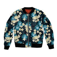 Dark Cyan Tropical Hawaii Sleeve Zip Bomber Jacket Seamless Monstera Plumeria Hawaiian Pattern - Polynesian Pride