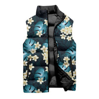 Dark Cyan Tropical Hawaii Sleeveless Puffer Jacket Seamless Monstera Plumeria Hawaiian Pattern LT14 - Polynesian Pride