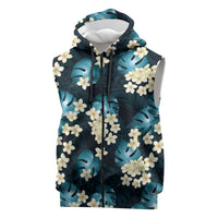 Dark Cyan Tropical Hawaii Sleeveless Zip Hoodie Seamless Monstera Plumeria Hawaiian Pattern LT14 Dark Cyan - Polynesian Pride