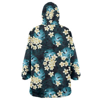 Dark Cyan Tropical Hawaii Wearable Blanket Hoodie Seamless Monstera Plumeria Hawaiian Pattern LT14 - Polynesian Pride