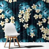 Dark Cyan Tropical Hawaii Window Curtain Seamless Monstera Plumeria Hawaiian Pattern - Polynesian Pride