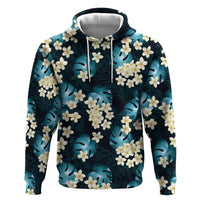Dark Cyan Tropical Hawaii Zip Hoodie Seamless Monstera Plumeria Hawaiian Pattern - Polynesian Pride