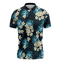 Dark Cyan Tropical Hawaii Zipper Polo Shirt Seamless Monstera Plumeria Hawaiian Pattern LT14 Dark Cyan - Polynesian Pride