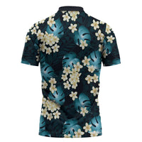 Dark Cyan Tropical Hawaii Zipper Polo Shirt Seamless Monstera Plumeria Hawaiian Pattern LT14 - Polynesian Pride