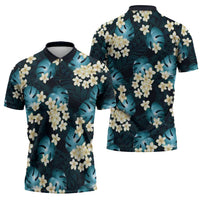 Dark Cyan Tropical Hawaii Zipper Polo Shirt Seamless Monstera Plumeria Hawaiian Pattern LT14 - Polynesian Pride