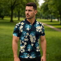Dark Cyan Tropical Hawaii Zipper Polo Shirt Seamless Monstera Plumeria Hawaiian Pattern LT14 - Polynesian Pride
