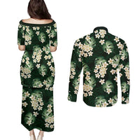 Green Tropical Hawaii Couples Matching Puletasi and Long Sleeve Button Shirt Seamless Monstera Plumeria Hawaiian Pattern LT14 - Polynesian Pride