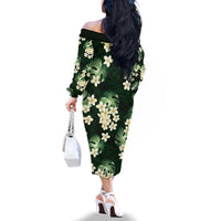 Green Tropical Hawaii Family Matching Off The Shoulder Long Sleeve Dress and Hawaiian Shirt Seamless Monstera Plumeria Hawaiian Pattern - Polynesian Pride