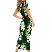 Green Tropical Hawaii Family Matching Short Sleeve Bodycon Dress and Hawaiian Shirt Seamless Monstera Plumeria Hawaiian Pattern - Polynesian Pride