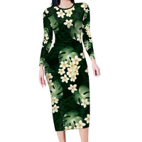 Green Tropical Hawaii Long Sleeve Bodycon Dress Seamless Monstera Plumeria Hawaiian Pattern - Polynesian Pride
