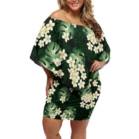 Green Tropical Hawaii Off Shoulder Short Dress Seamless Monstera Plumeria Hawaiian Pattern - Polynesian Pride