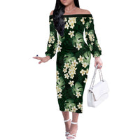 Green Tropical Hawaii Off The Shoulder Long Sleeve Dress Seamless Monstera Plumeria Hawaiian Pattern - Polynesian Pride