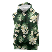 Green Tropical Hawaii Sleeveless Hoodie Seamless Monstera Plumeria Hawaiian Pattern LT14 Green - Polynesian Pride