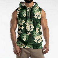 Green Tropical Hawaii Sleeveless Zip Hoodie Seamless Monstera Plumeria Hawaiian Pattern LT14 - Polynesian Pride