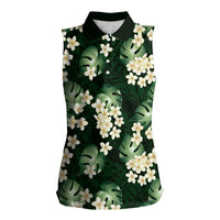 Green Tropical Hawaii Women Sleeveless Polo Shirt Seamless Monstera Plumeria Hawaiian Pattern LT14 Female Green - Polynesian Pride