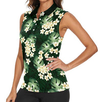 Green Tropical Hawaii Women Sleeveless Polo Shirt Seamless Monstera Plumeria Hawaiian Pattern LT14 - Polynesian Pride
