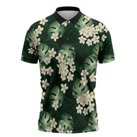 Green Tropical Hawaii Zipper Polo Shirt Seamless Monstera Plumeria Hawaiian Pattern LT14 Green - Polynesian Pride