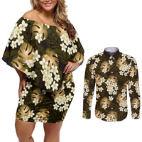 Gold Tropical Hawaii Couples Matching Off Shoulder Short Dress and Long Sleeve Button Shirt Seamless Monstera Plumeria Hawaiian Pattern - Polynesian Pride