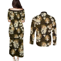 Gold Tropical Hawaii Couples Matching Puletasi and Long Sleeve Button Shirt Seamless Monstera Plumeria Hawaiian Pattern LT14 - Polynesian Pride