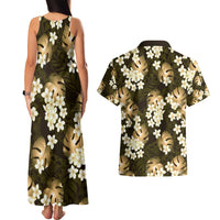 Gold Tropical Hawaii Couples Matching Tank Maxi Dress and Hawaiian Shirt Seamless Monstera Plumeria Hawaiian Pattern - Polynesian Pride