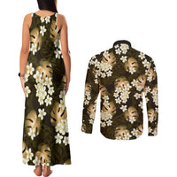 Gold Tropical Hawaii Couples Matching Tank Maxi Dress and Long Sleeve Button Shirt Seamless Monstera Plumeria Hawaiian Pattern - Polynesian Pride