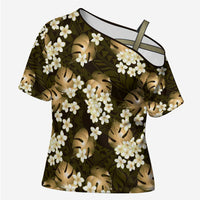 Gold Tropical Hawaii Cross Shoulder Shirt Seamless Monstera Plumeria Hawaiian Pattern LT14 Female Gold - Polynesian Pride