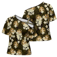 Gold Tropical Hawaii Cross Shoulder Shirt Seamless Monstera Plumeria Hawaiian Pattern LT14 - Polynesian Pride
