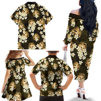 Gold Tropical Hawaii Family Matching Off The Shoulder Long Sleeve Dress and Hawaiian Shirt Seamless Monstera Plumeria Hawaiian Pattern - Polynesian Pride